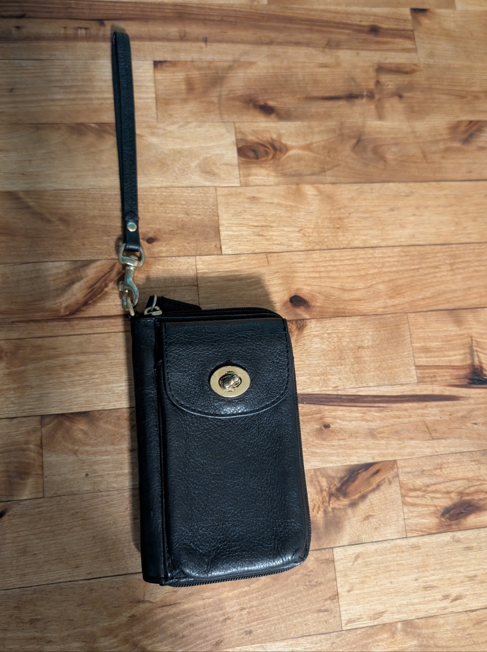 Coach Black Leather Wristlet Wallet with Turn-Lock Closure